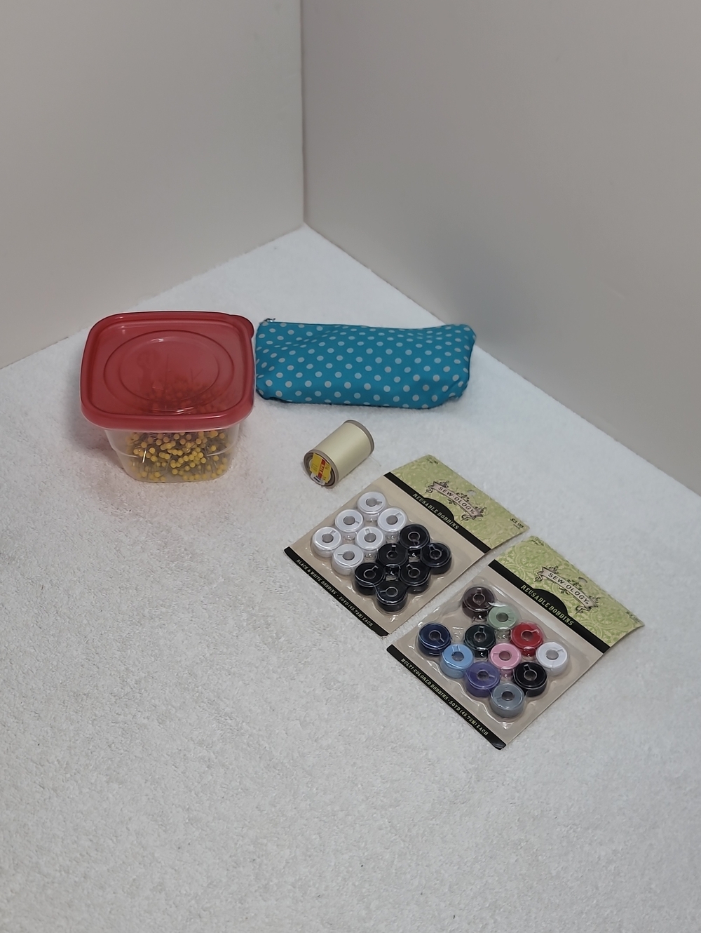 Sewing Notions Kit with Bobbins & Pins - Turquoise, Red, Yellow NWT